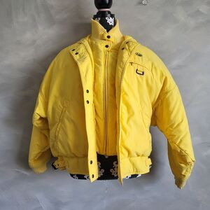 Vtg Roffe Skiwear Ladies Mammoth Yellow Puffer Hood Zip Snap Coat Jacket Sz 12